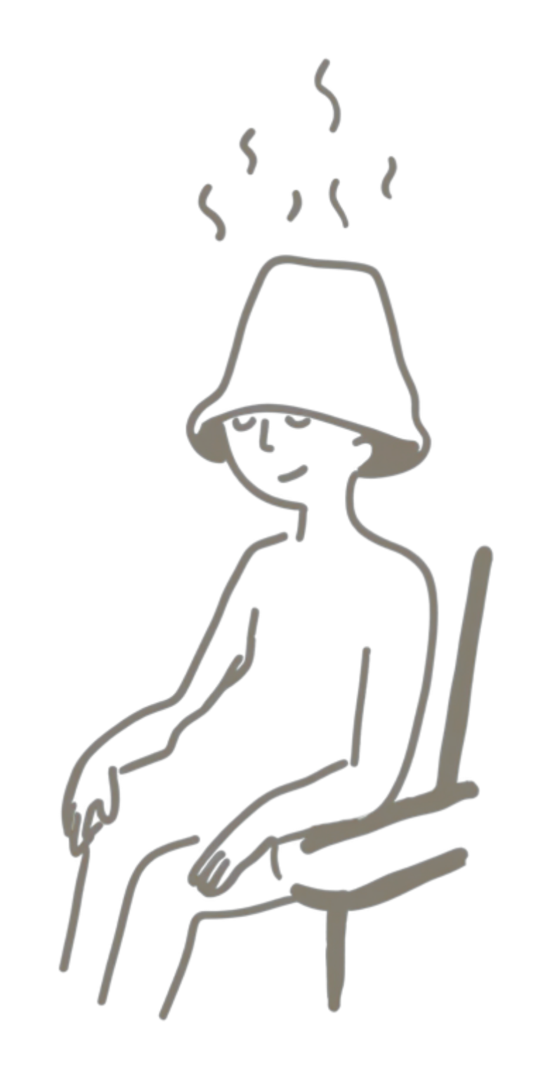 drawing of a person wearing a sauna hat, sitting in the sauna and smiling