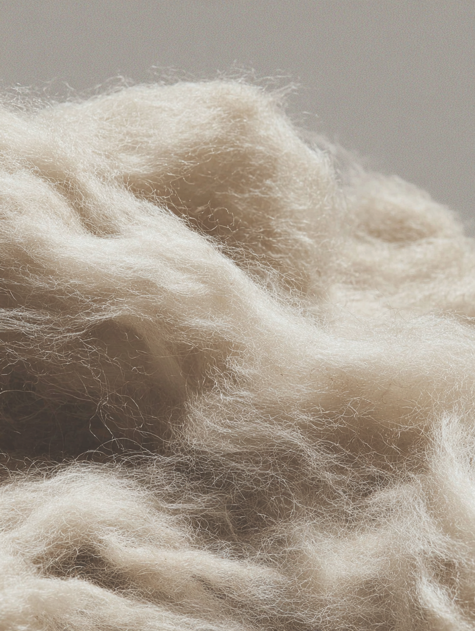 Macro photograph of soft merino wool fibers.